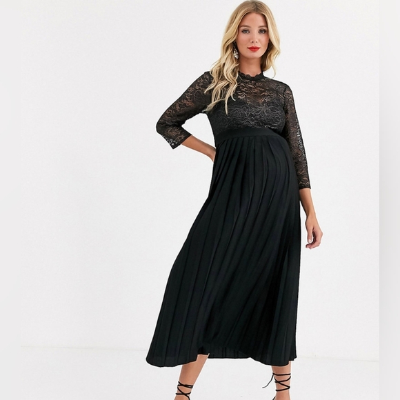 ASOS Little Mistress Maternity pleated midaxi dress with metallic lace in black - Picture 4 of 4